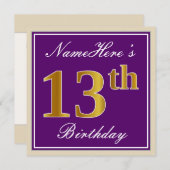 紫エレガント、フェイク金ゴールド13誕生日+名前 招待状 (正面/裏面)