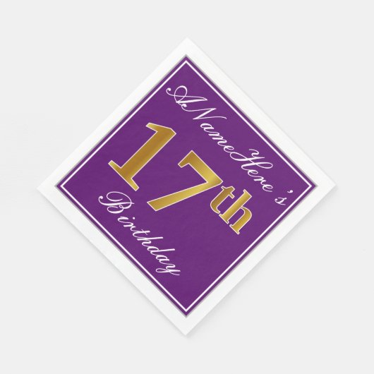 紫エレガント、フェイク金ゴールド17番目の誕生日+名前 スタンダードランチョンナプキン (角)