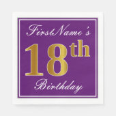 紫エレガント、フェイク金ゴールド18番目の誕生日+名前 スタンダードランチョンナプキン (正面)