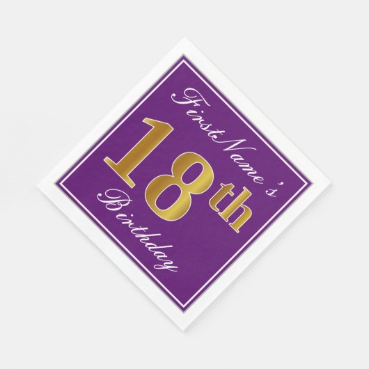 紫エレガント、フェイク金ゴールド18番目の誕生日+名前 スタンダードランチョンナプキン (角)