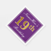 紫エレガント、フェイク金ゴールド19誕生日+名前 スタンダードランチョンナプキン (角)