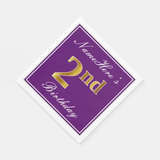 紫エレガント、フェイク金ゴールド2回目の誕生日+名前 スタンダードランチョンナプキン (角)