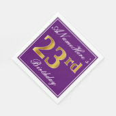 紫エレガント、フェイク金ゴールド23番目の誕生日+名前 スタンダードランチョンナプキン (角)