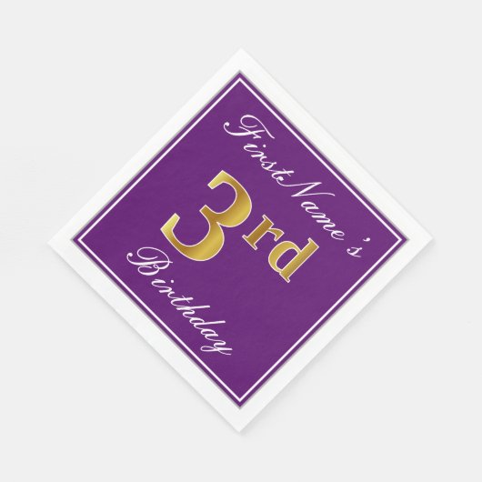 紫エレガント、フェイク金ゴールド3歳の誕生日+名前 スタンダードランチョンナプキン (角)