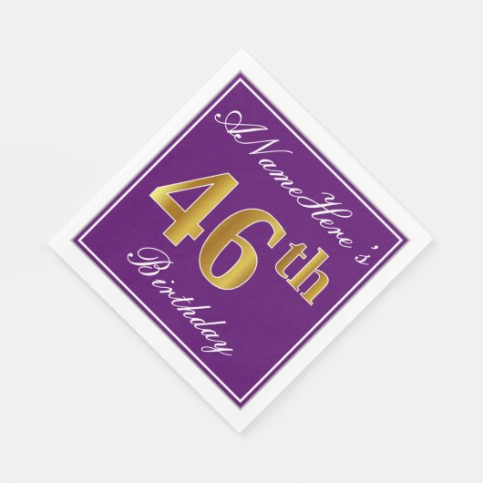 紫エレガント、フェイク金ゴールド46番目の誕生日+名前 スタンダードランチョンナプキン (角)