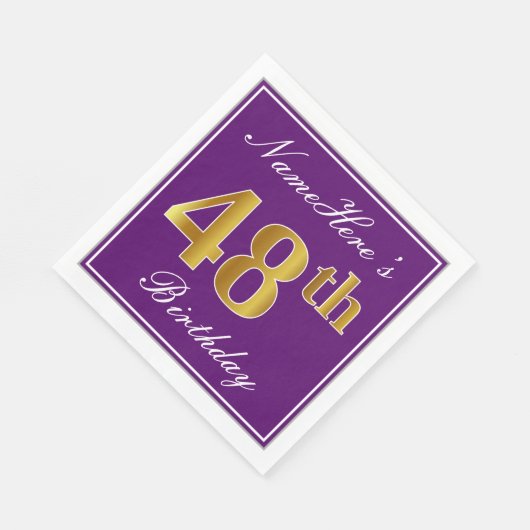 紫エレガント、フェイク金ゴールド48番目の誕生日+名前 スタンダードランチョンナプキン (角)