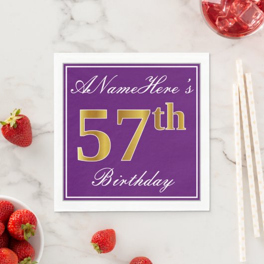 紫エレガント、フェイク金ゴールド57番目の誕生日+名前 スタンダードランチョンナプキン (インサイチュ)