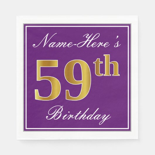 紫エレガント、フェイク金ゴールド59番目の誕生日+名前 スタンダードランチョンナプキン (正面)