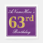 紫エレガント、フェイク金ゴールド63番目の誕生日+名前 スタンダードランチョンナプキン (正面)