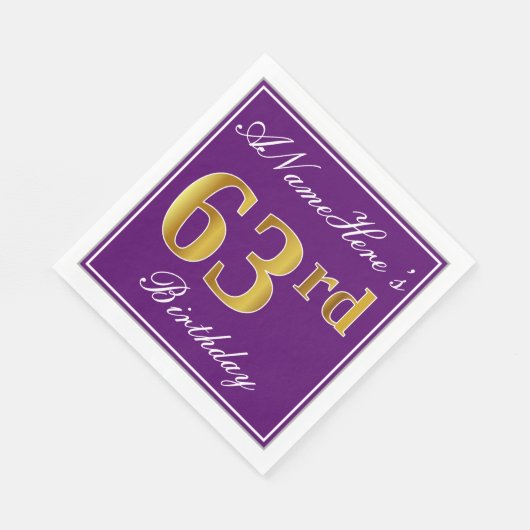 紫エレガント、フェイク金ゴールド63番目の誕生日+名前 スタンダードランチョンナプキン (角)