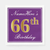 紫エレガント、フェイク金ゴールド66番目の誕生日+名前 スタンダードランチョンナプキン (正面)