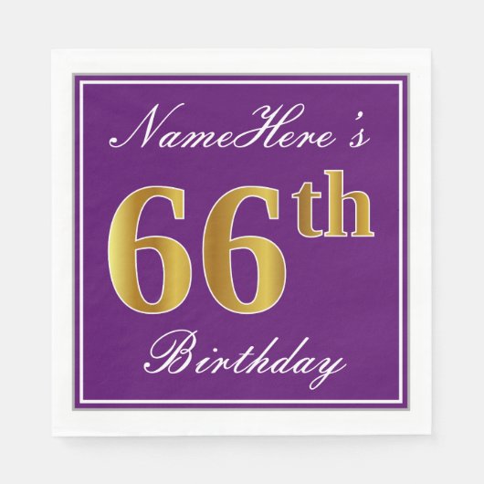 紫エレガント、フェイク金ゴールド66番目の誕生日+名前 スタンダードランチョンナプキン (正面)