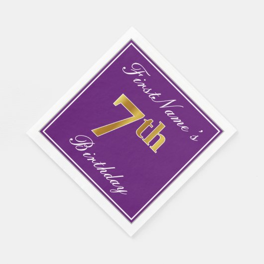 紫エレガント、フェイク金ゴールド7番目の誕生日+名前 スタンダードランチョンナプキン (角)