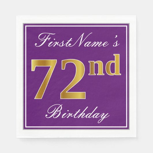 紫エレガント、フェイク金ゴールド72番目の誕生日+名前 スタンダードランチョンナプキン (正面)
