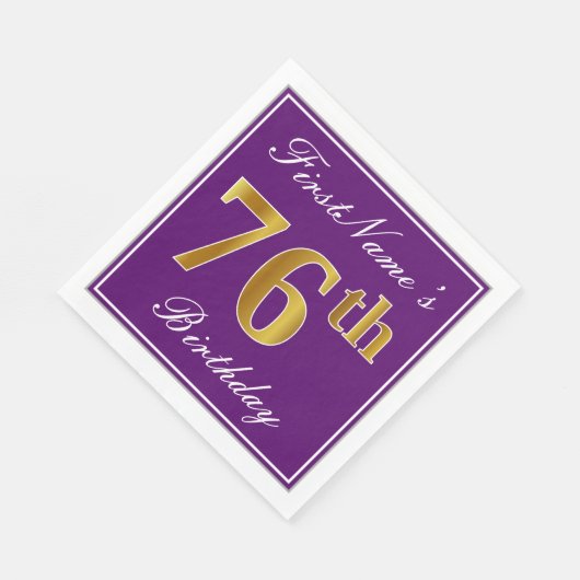 紫エレガント、フェイク金ゴールド76番目の誕生日+名前 スタンダードランチョンナプキン (角)