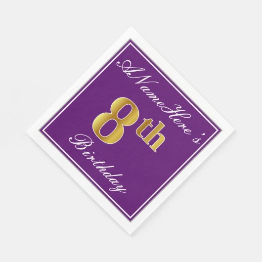 紫エレガント、フェイク金ゴールド8番目の誕生日+名前 スタンダードランチョンナプキン (角)