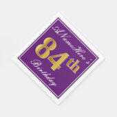 紫エレガント、フェイク金ゴールド84番目の誕生日+名前 スタンダードランチョンナプキン (角)