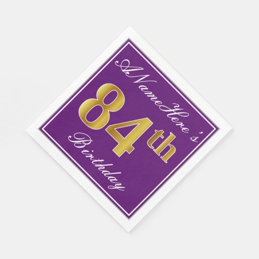 紫エレガント、フェイク金ゴールド84番目の誕生日+名前 スタンダードランチョンナプキン (角)