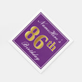 紫エレガント、フェイク金ゴールド86番目の誕生日+名前 スタンダードランチョンナプキン (角)