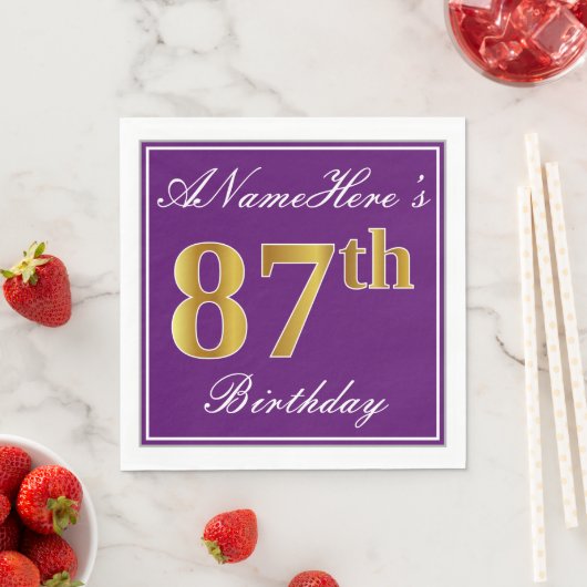 紫エレガント、フェイク金ゴールド87番目の誕生日+名前 スタンダードランチョンナプキン (インサイチュ)