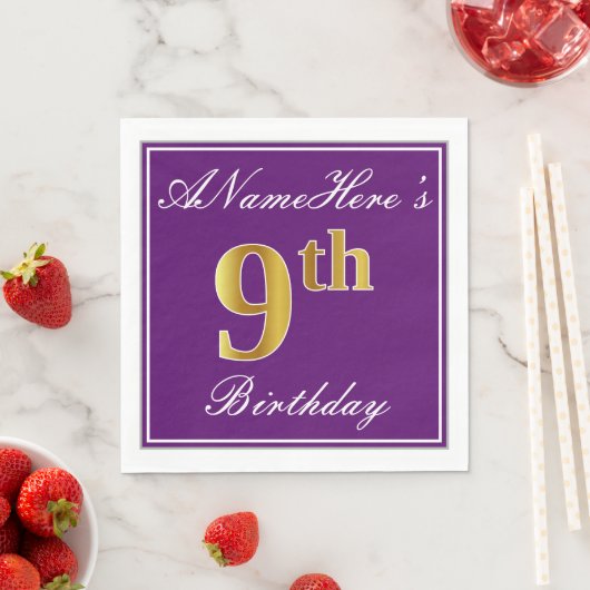 紫エレガント、フェイク金ゴールド9番目の誕生日+名前 スタンダードランチョンナプキン (インサイチュ)