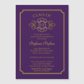 紫エレガント |金ゴールド大学卒業パーティー請求書 マグネット招待状 (正面)