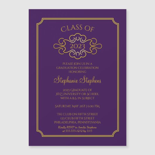 紫エレガント |金ゴールド大学卒業パーティー請求書 マグネット招待状 (正面)