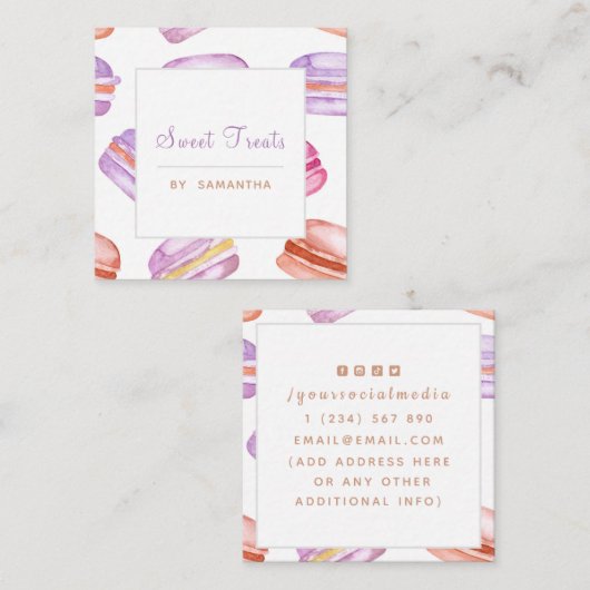 紫オレンジのマカロン柄 フランスのデザート クール スクエア名刺 (正面/裏面)