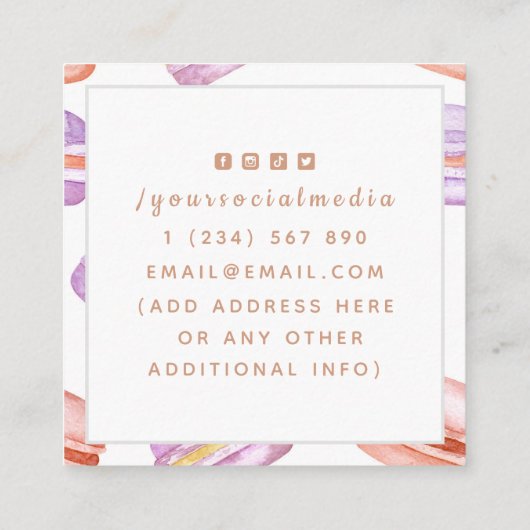 紫オレンジのマカロン柄 フランスのデザート クール スクエア名刺 (裏面)