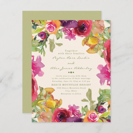 紫オレンジイエローウォーター色のフローラ結婚ズ 招待状 (正面/裏面)