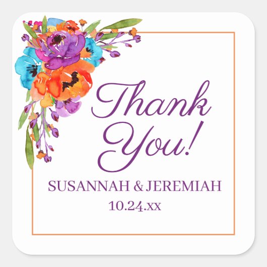 紫オレンジフローラ水の色結婚は感謝 スクエアシール (正面)