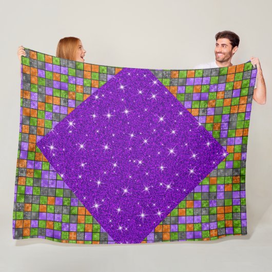 紫オレンジブラックグリーンハロウィーンキューブパターン フリースブランケット (インサイチュ)