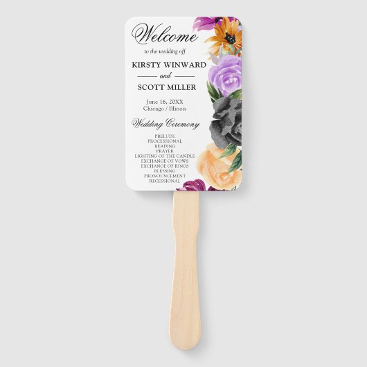 紫オレンジブラックフラワーズ結婚式 プログラム ハンドファン (正面)