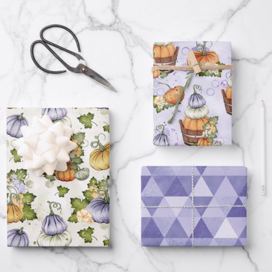 紫オレンジホワイト秋秋カボチャ ラッピングペーパーシート (正面)