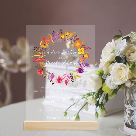 紫オレンジボホワイルドフラワー結婚の葉 アクリル招待状