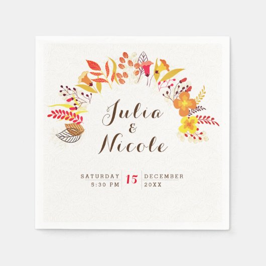 紫オレンジボホワイルドフラワー結婚の葉 スタンダードカクテルナプキン (正面)