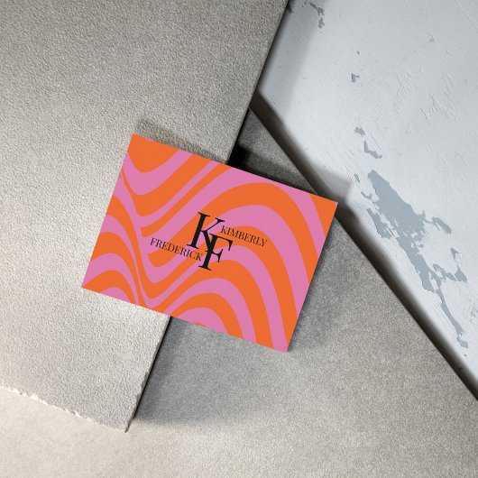 紫オレンジレトロ液溝状ストライプパターン 名刺