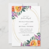 紫オレンジ色の水色のフローラ結婚の 招待状 (正面)