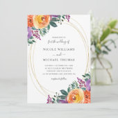 紫オレンジ色の水色のフローラ結婚の 招待状 (スタンド正面)