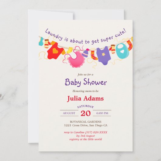 紫オレンジ色の黄色のワードローブの赤ちゃんシャワーの服 招待状 (正面)