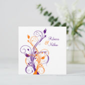紫オレンジ 白 花柄 四角 結婚式招待状 招待状 (スタンド正面)