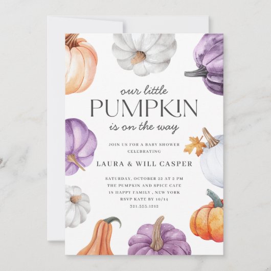 紫オ素朴レンジホワイトカボチャ赤ちゃんシャワー 招待状 (正面)