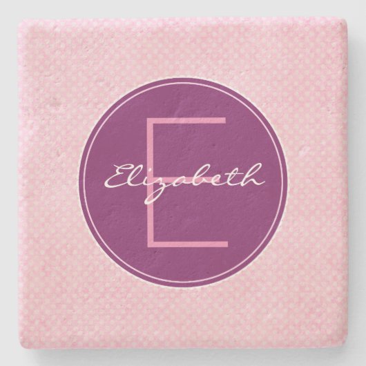 紫カスタマイズモノグラム円オンピンク水玉模様 ストーンコースター (正面)
