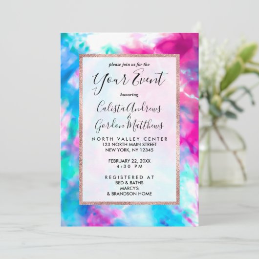 紫カッコいいアートガーリーピンクブルー絞り染めパターン 招待状 (スタンド正面)
