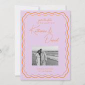 紫カラフルとオレンジの日付を保存結婚する 招待状 (正面)