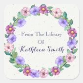 紫カラフルとピンクのフローラリース蔵書票 スクエアシール (正面)