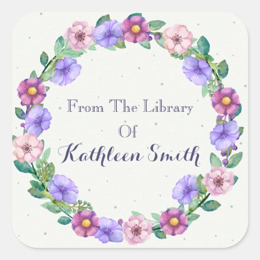 紫カラフルとピンクのフローラリース蔵書票 スクエアシール (正面)
