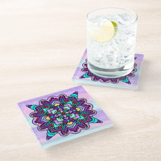 紫カラフルと青の神秘的な曼荼羅 ガラスコースター (アングル)