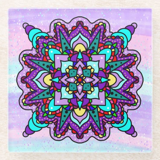 紫カラフルと青の神秘的な曼荼羅 ガラスコースター (正面)