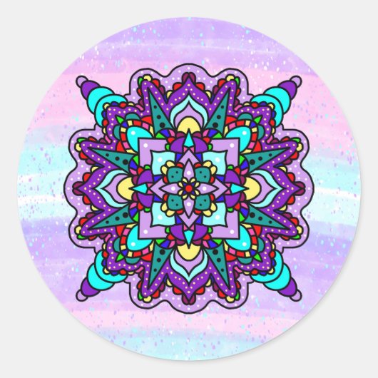 紫カラフルと青の神秘的な曼荼羅 ラウンドシール (正面)